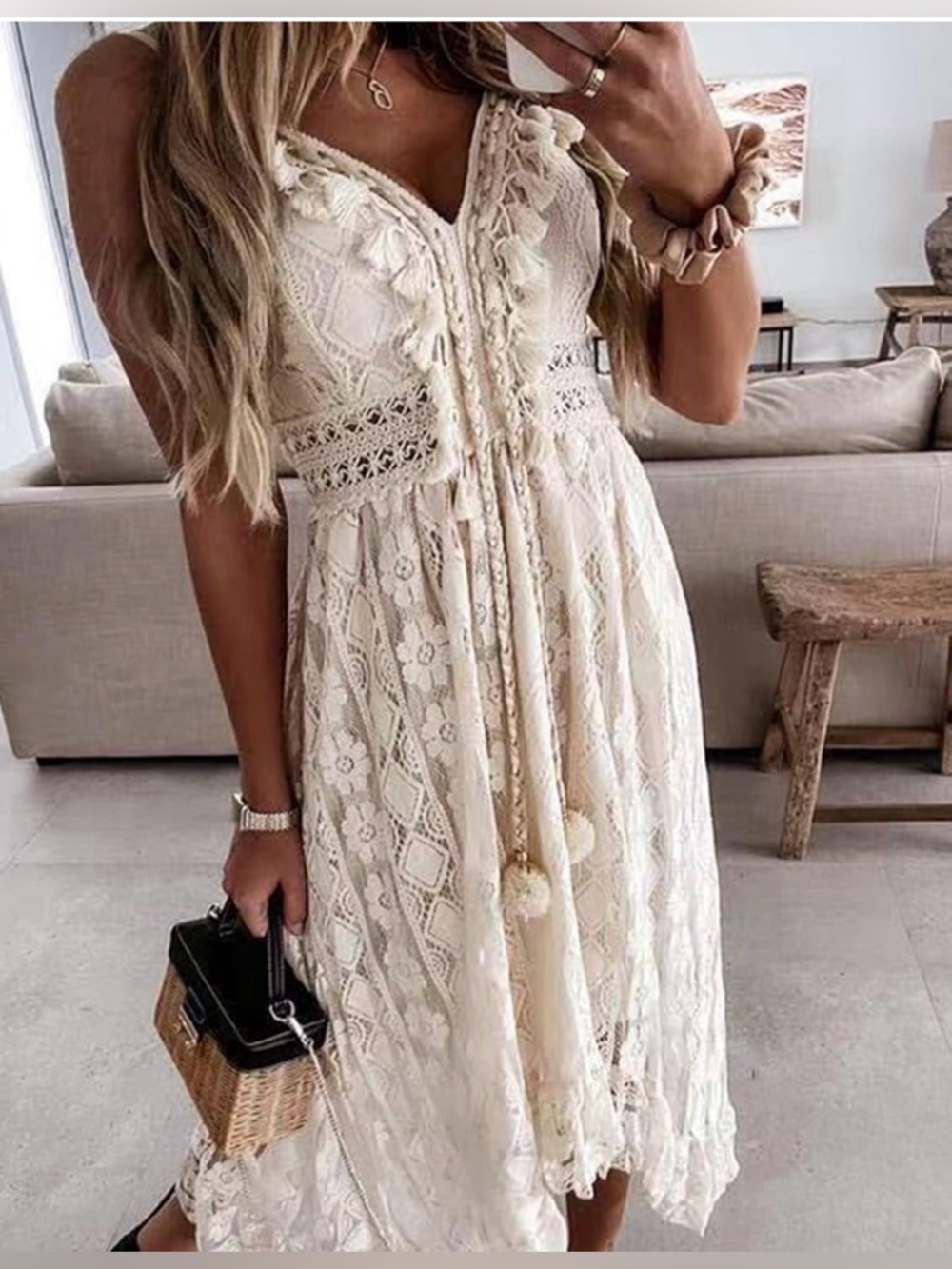 Boho Lace Midi Dress in Cream